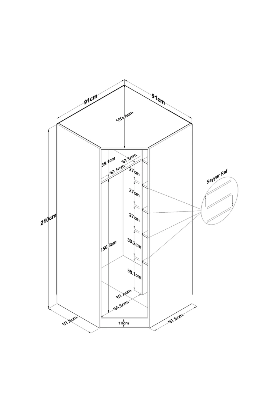 Rani  Module d'Angle Armoire 1 Porte avec 6 Étagères et Penderie Unité d'Angle Complémentaire Blanche