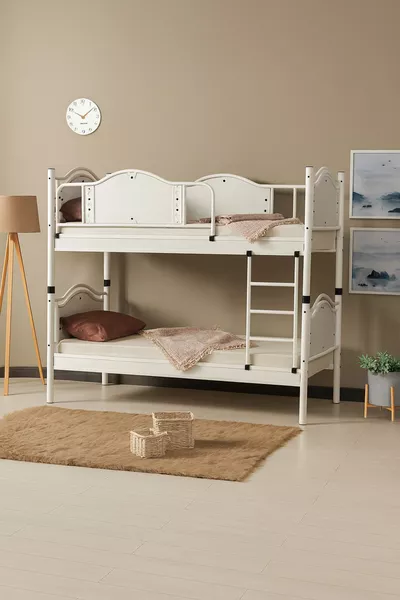 Tête de lit en bois avant-gardiste, lits superposés et cadre de lit en métal blanc