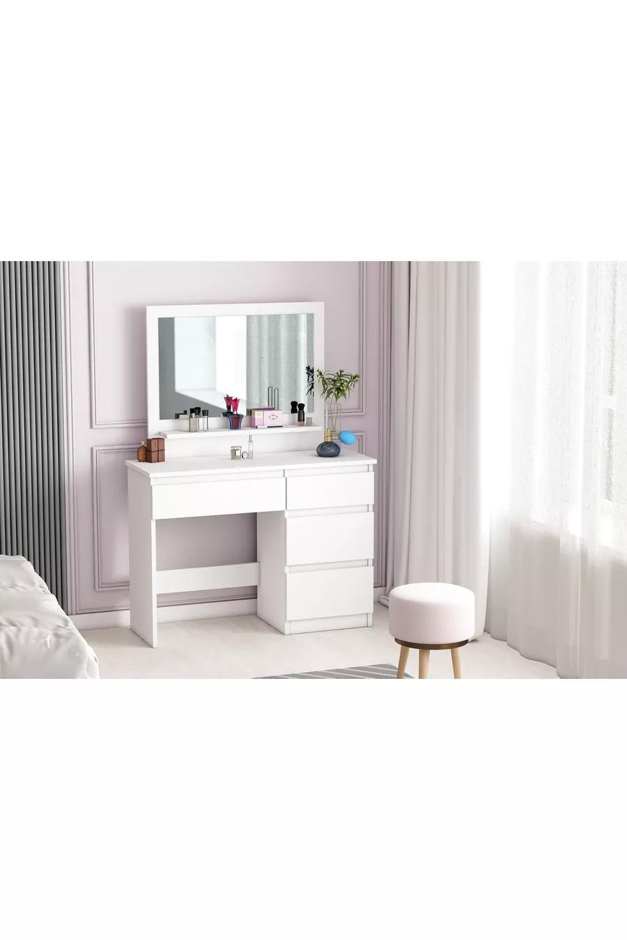 Coiffeuse Duru, 4 tiroirs, avec miroir, étagères, blanche