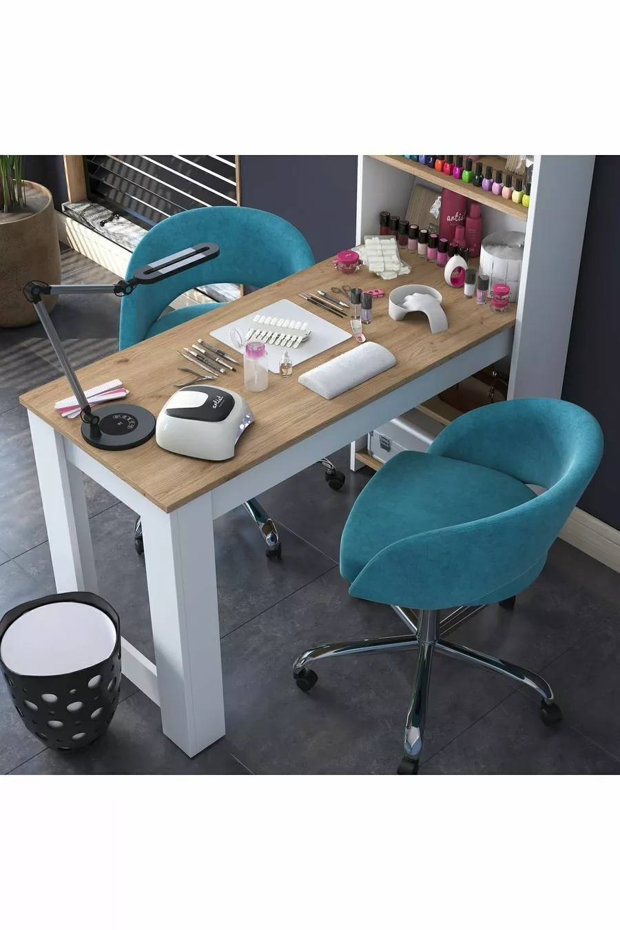 Table de manucure à tiroirs Rani - Table de maquillage avec panier Noyer - Blanc