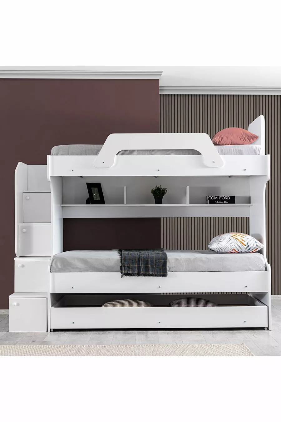 Lits superposés, Lit superposé avec tiroirs Inci - Blanc 2 matelas Confort