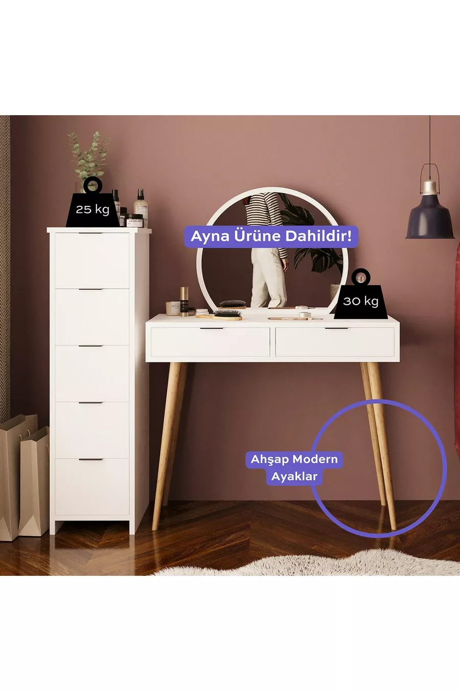 Ensemble de Coiffeuse Lucy – Blanc avec Miroir, Armoire à Tiroirs, Organisateur de Bijoux
