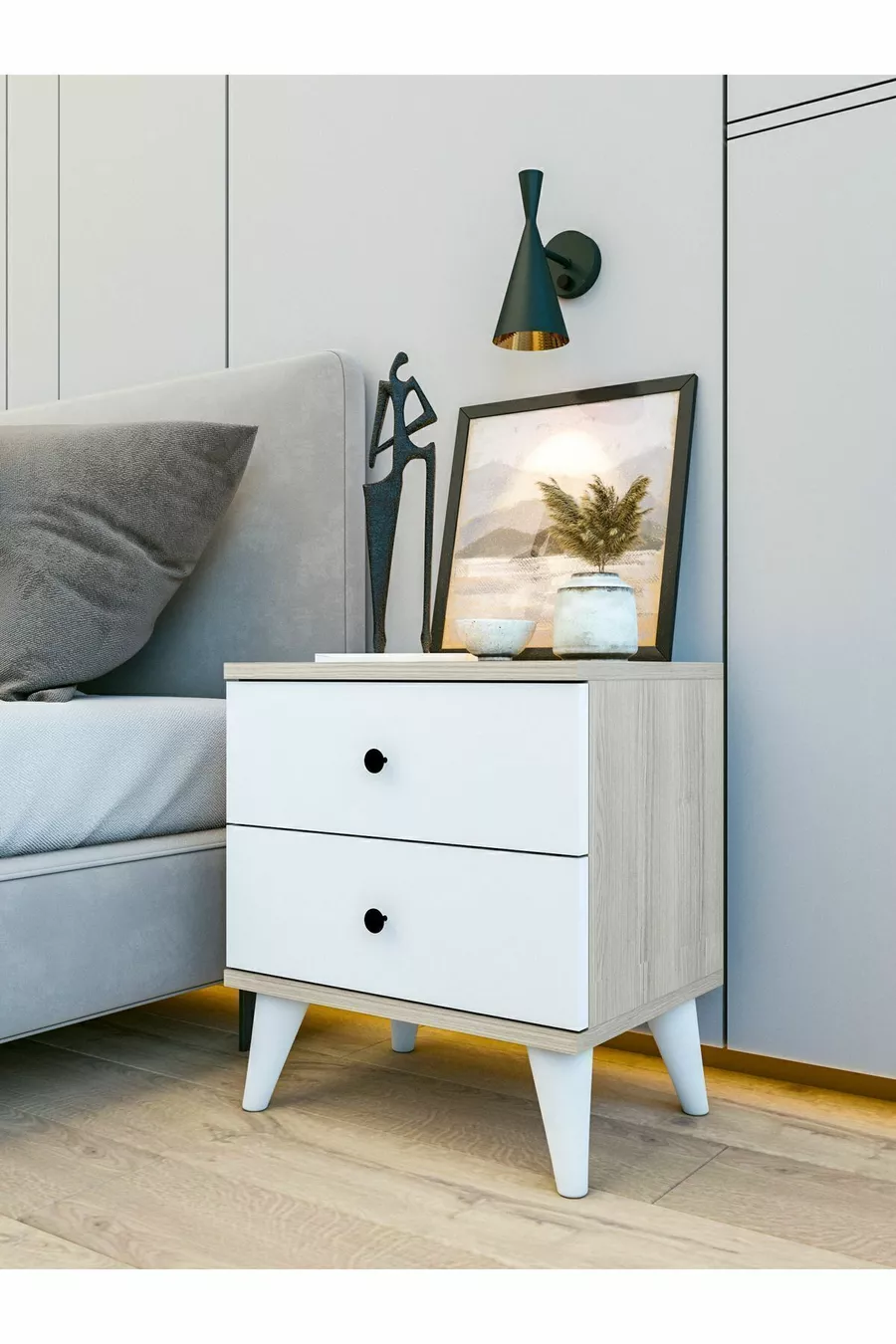 Table de chevet Cordoba en bois avec tiroirs blanc brillant et marron pour chambre à coucher