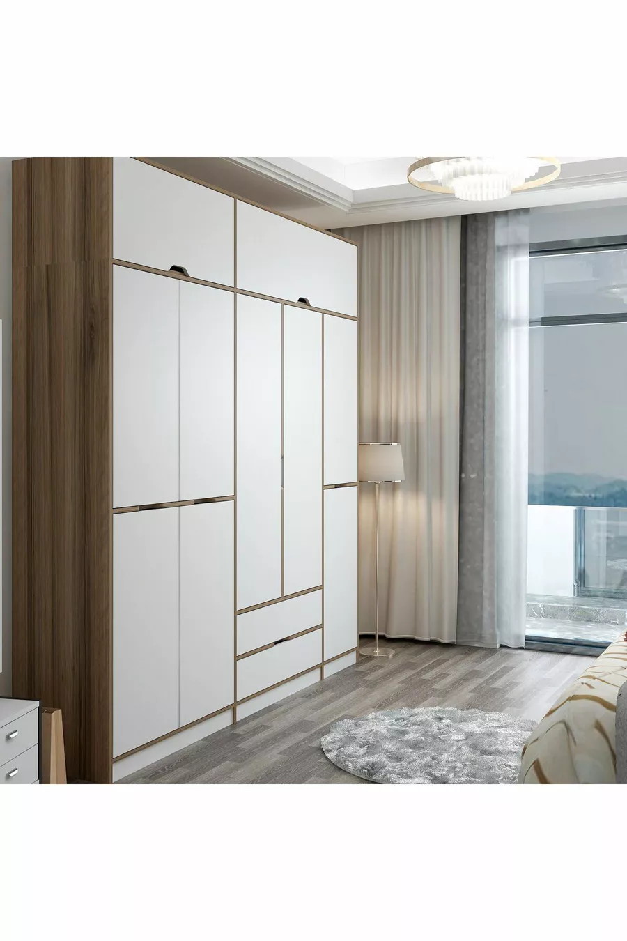 Armoire Elina à 5 portes avec penderie - Doré/Blanc