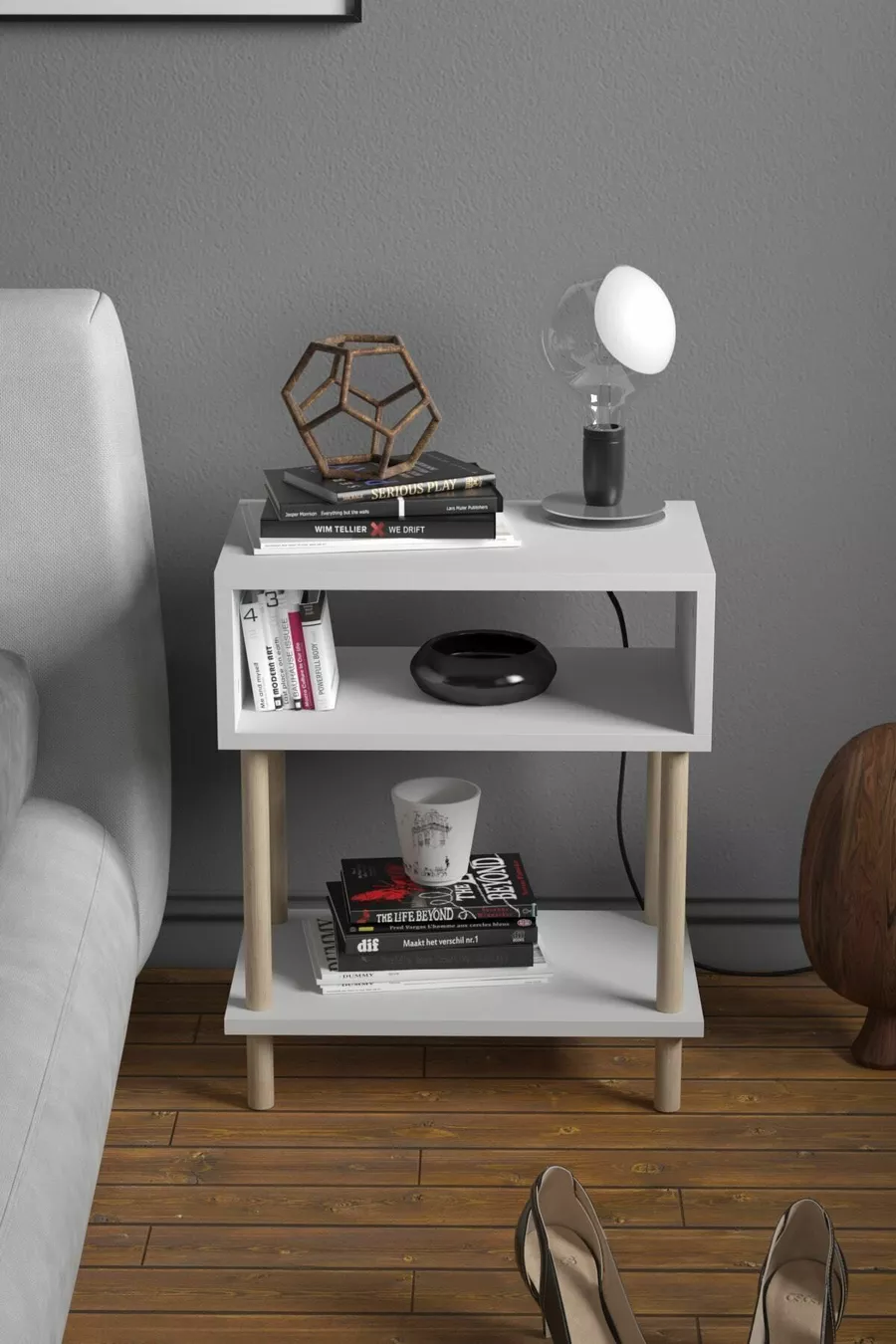 Table de chevet moderne à 2 étagères pour chambre à coucher, organisateur de chevet sur pieds en bois - Blanc