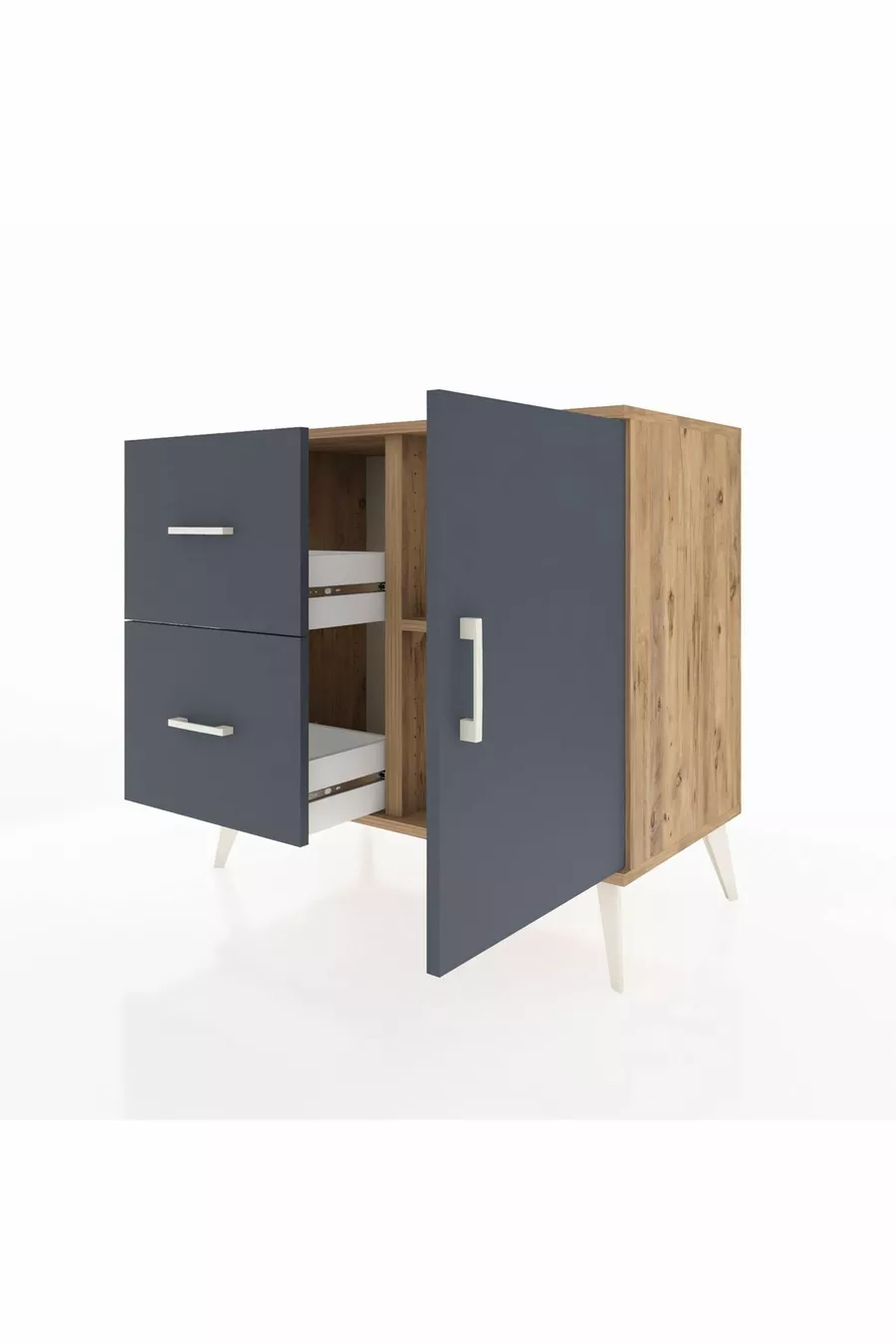Commode Hyperion à une étagère, 2 tiroirs et une porte, pin-anthracite