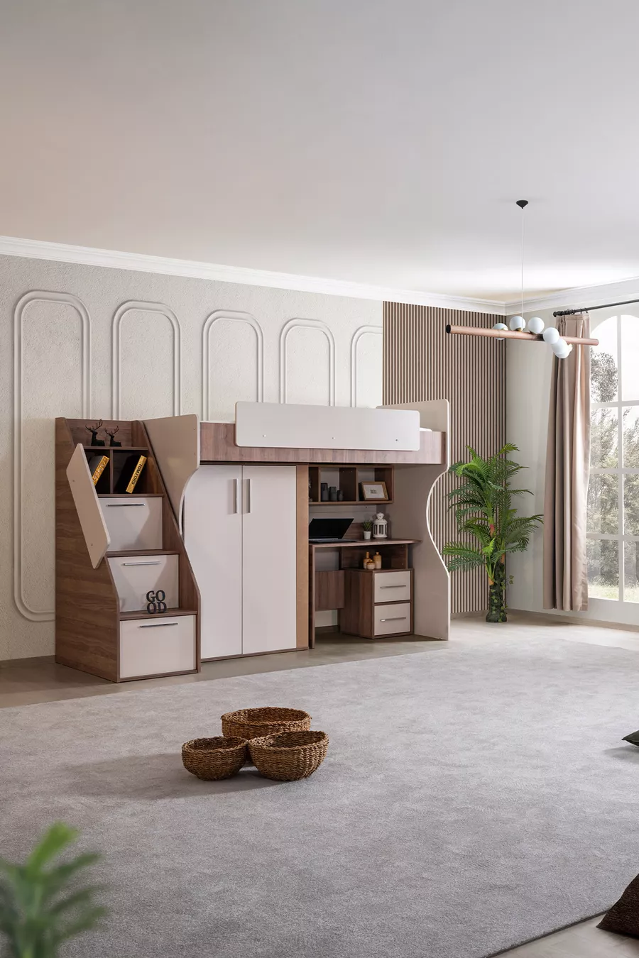 Lits superposés avec bureau et armoire Milano, moderne + 1 matelas Comfort