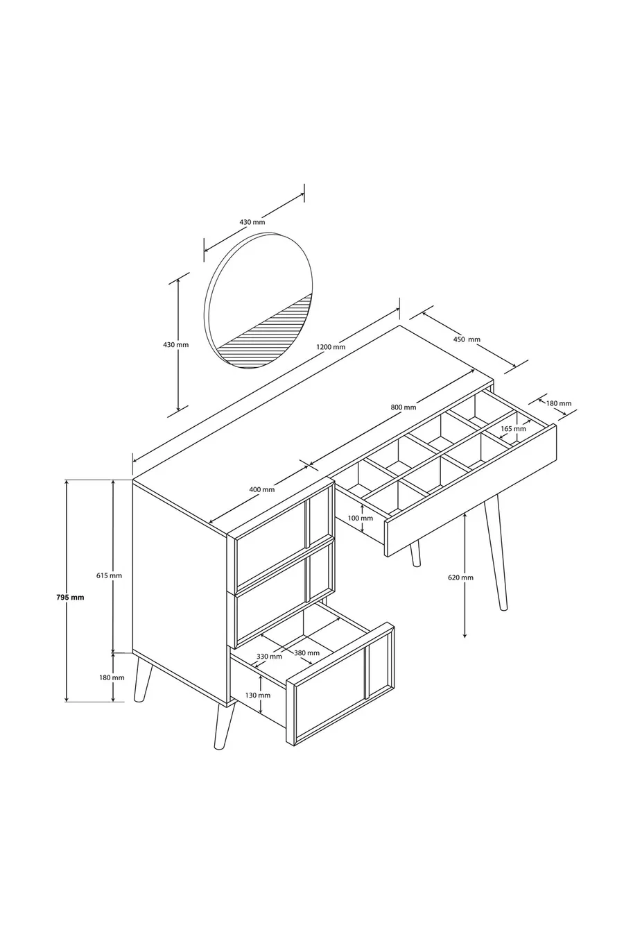 COIFFEUSE ROSE AVEC MIROIR (PIEDS EN BOIS) CADRE EN MDF, 4 TIROIRS, BLANC
