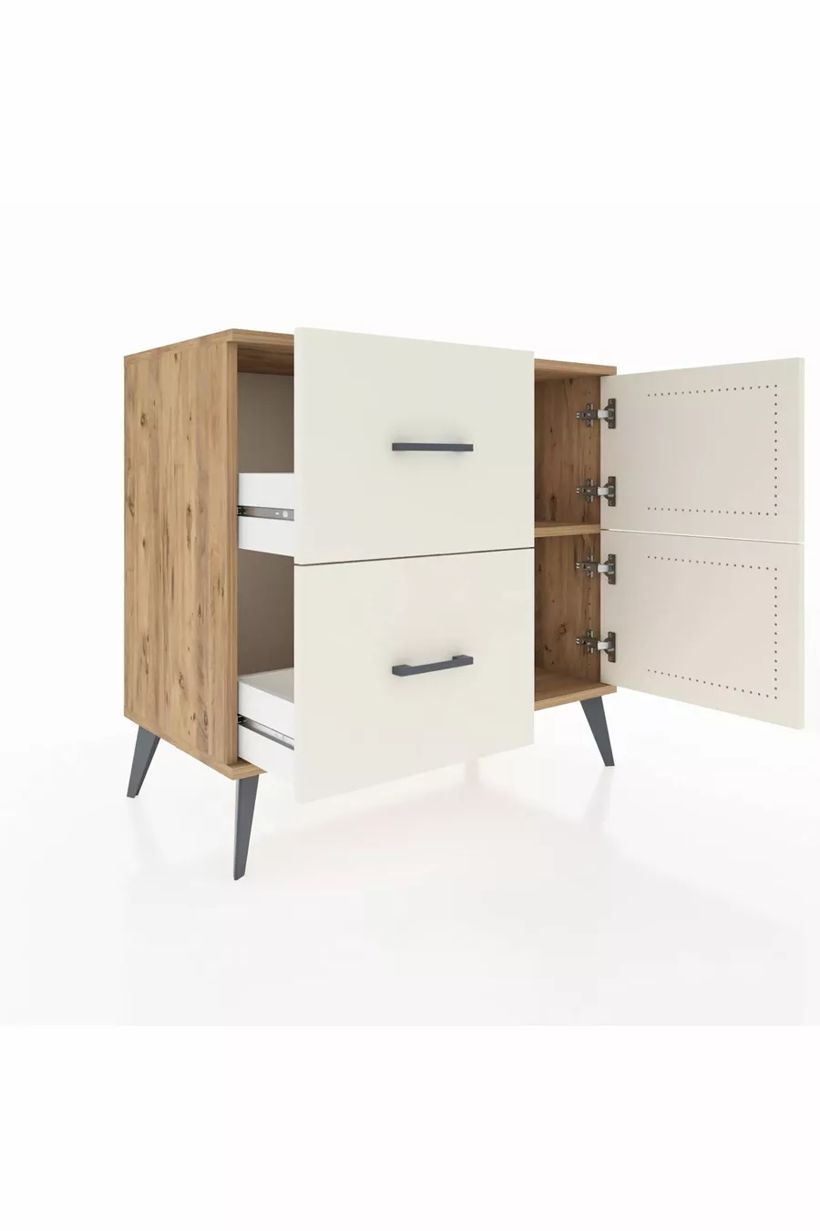 Commode Hyperion à une étagère, 2 tiroirs et 2 portes, pin-jaspe