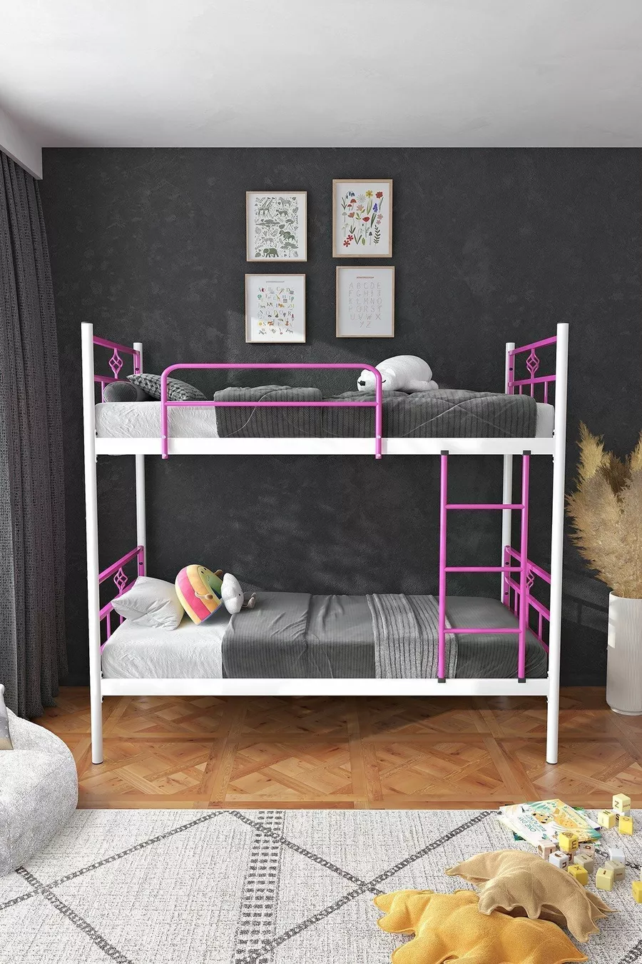 Lit superposé Koza Ranza compatible avec matelas, rose foncé, métal détachable