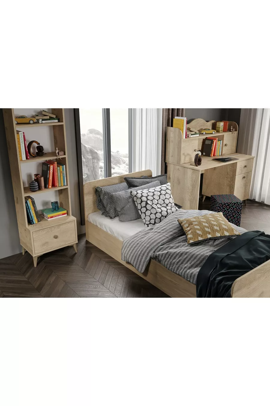 Ensemble de chambre moderne pour jeunes en chêne - 4 pièces et entièrement en MDF de qualité supérieure