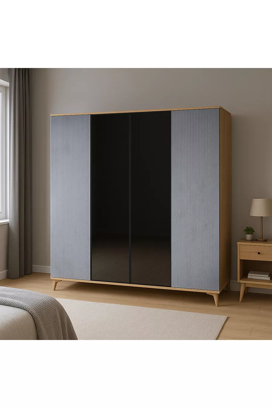 Armoire MDF à 4 portes de haute qualité Ege | Revêtement Rehau | Pieds en charme | Détails en verre