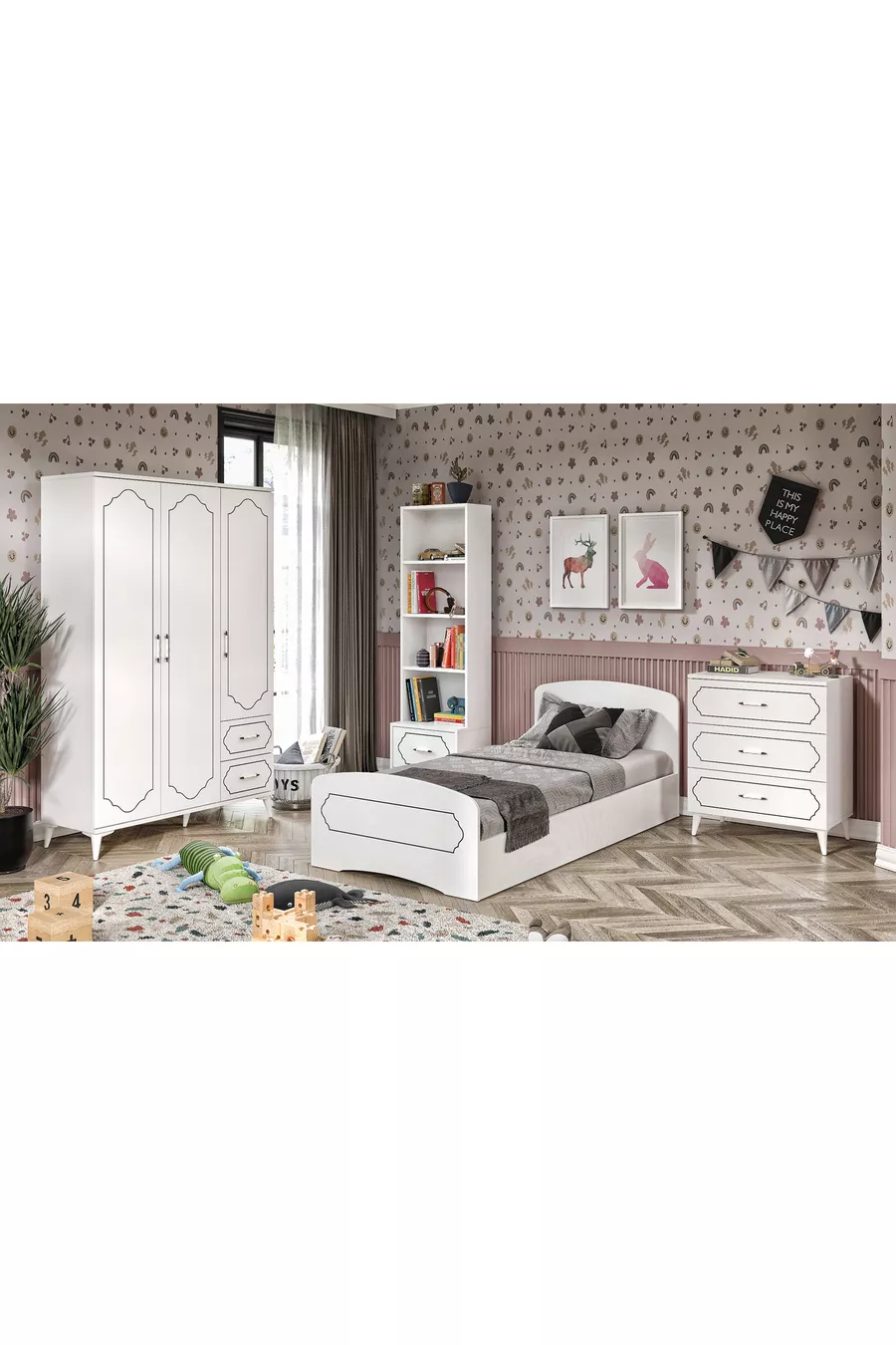 Ensemble chambre d'adolescent moderne Hayal blanc - 4 pièces et entièrement en MDF de première qualité