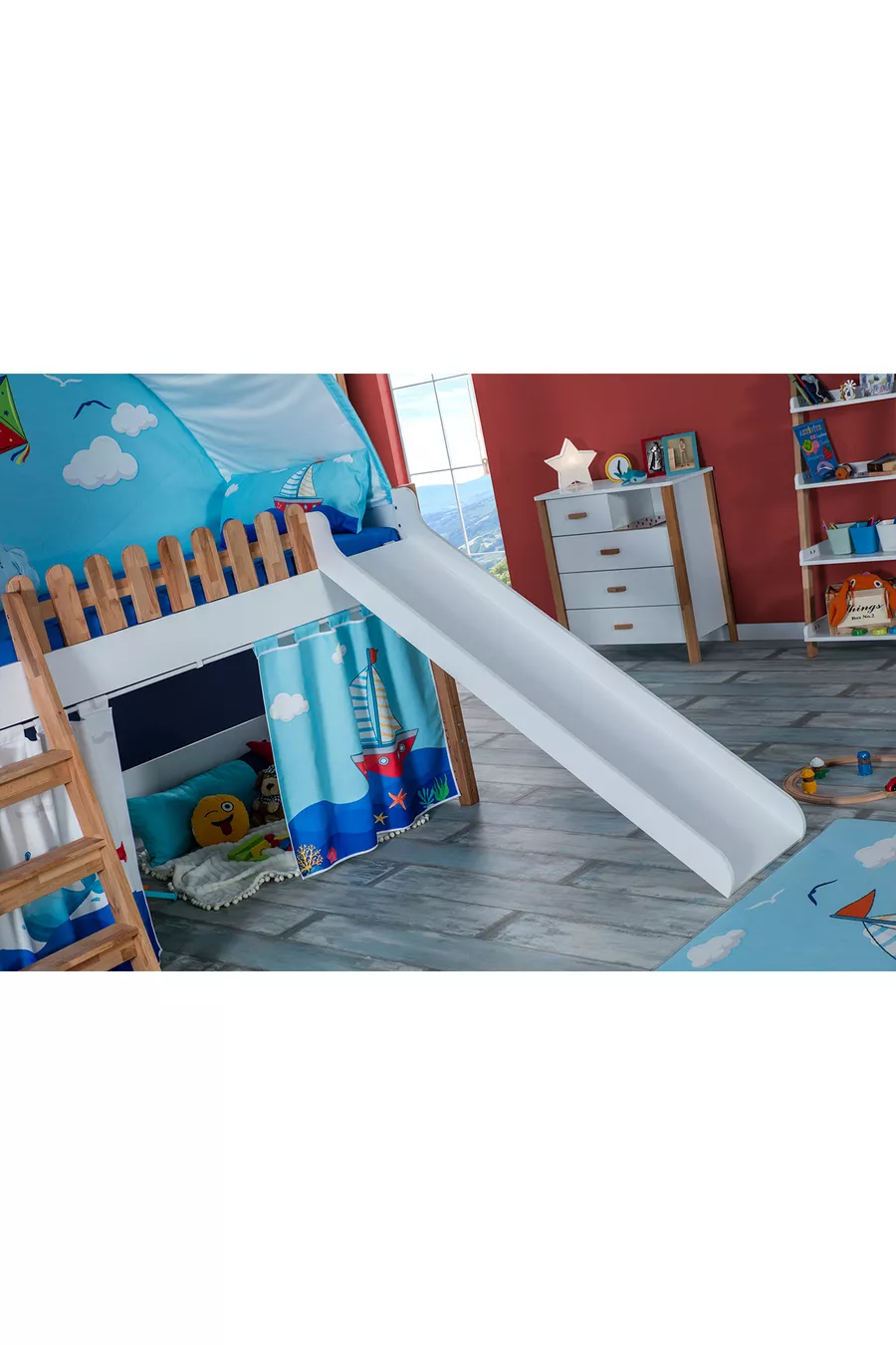 Ensemble Montessori pour Chambre d'Enfant My House avec Lit Superposé à Toboggan et Maison de Jeu Bleue