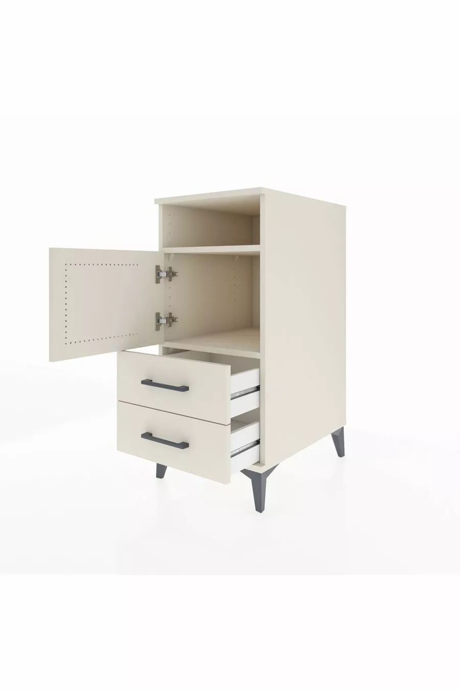 Table de chevet Kronos avec 2 étagères, 2 tiroirs et 1 porte, couleur Pierre de lune