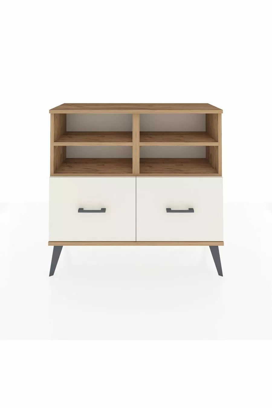 Commode Arges 4 étagères 2 tiroirs Pin-Pin/Marbre blanc