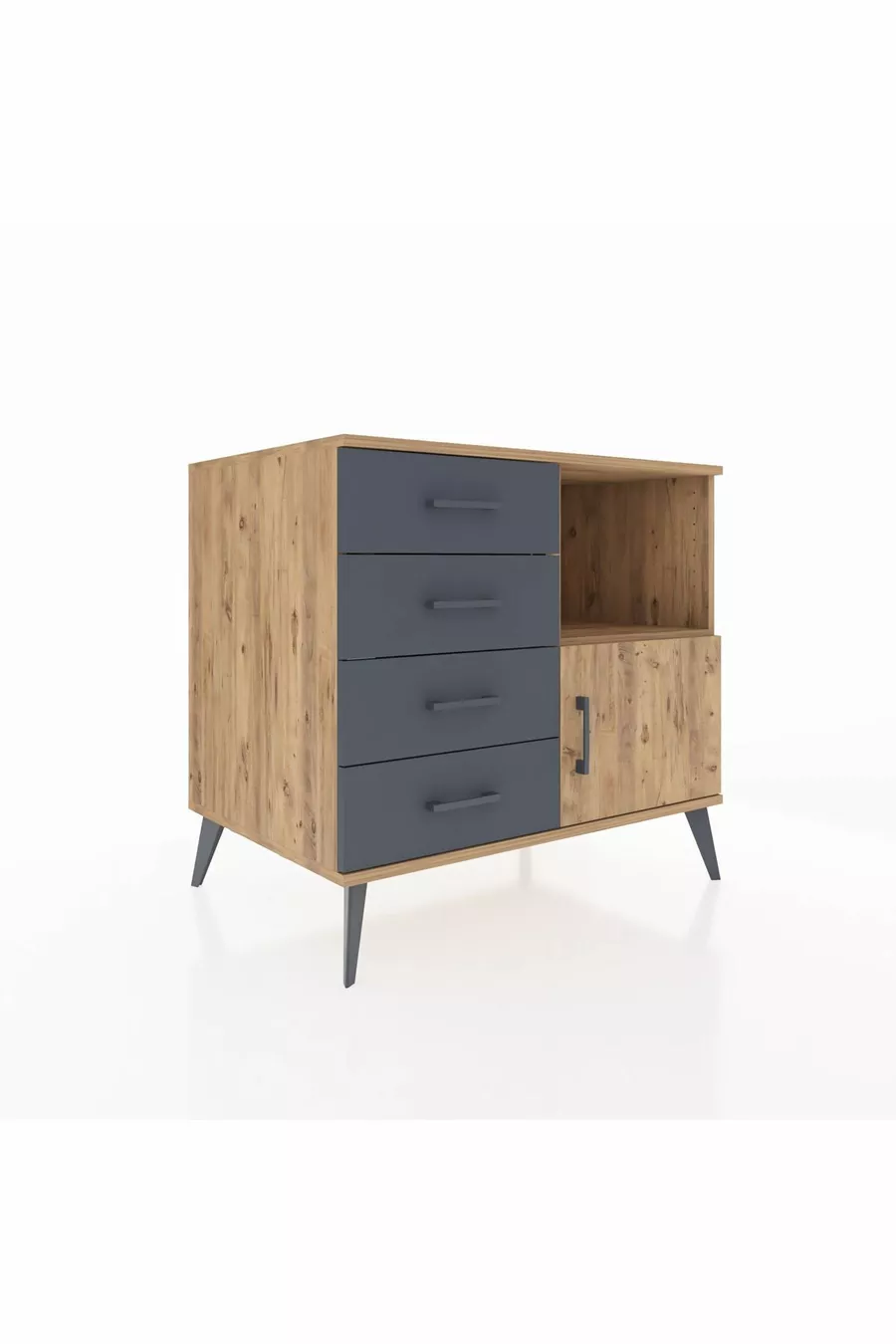 Commode Kronos à une étagère, 4 tiroirs et une porte, Pin-Pin/Anthracite