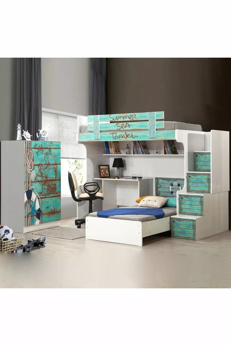 Lit superposé, Lit superposé d'été avec bureau et armoire, 2 matelas confort