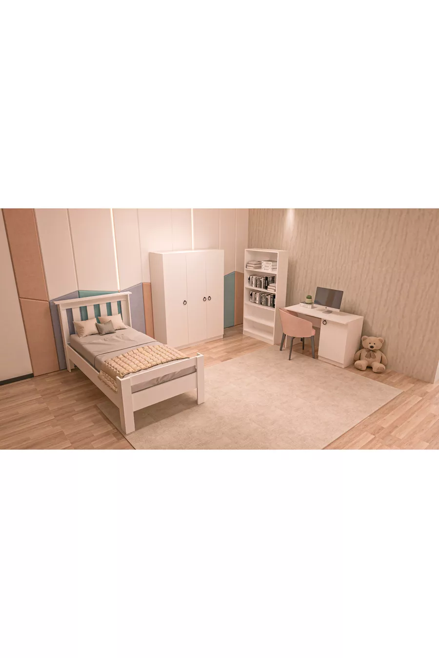 Ensemble de chambre d'adolescent en MDF blanc 4 pièces (lit, armoire, bibliothèque et bureau)