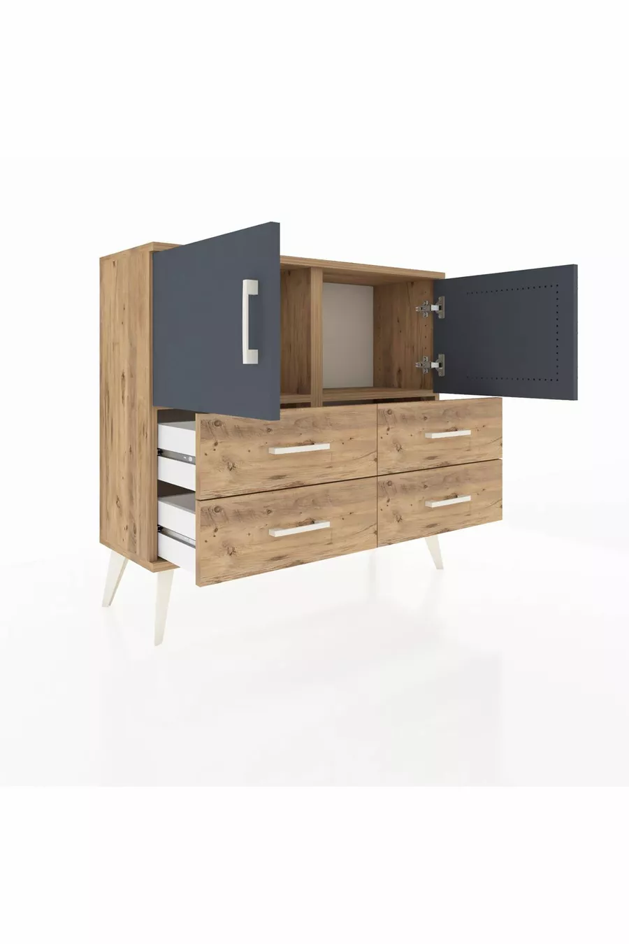 Commode Arges avec 2 étagères, 4 tiroirs et 2 portes, Pin-Anthracite/Pin