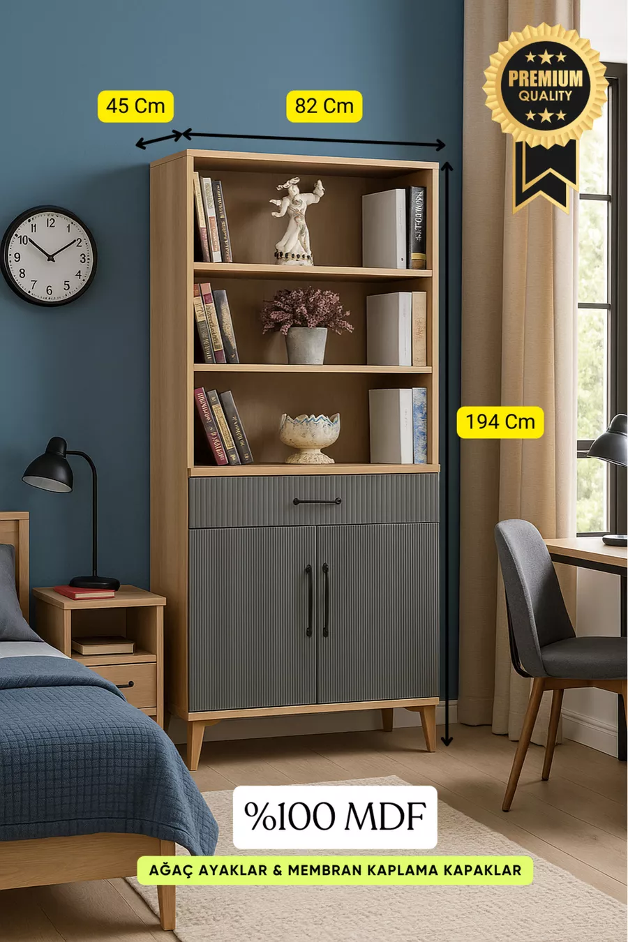 Commode et bibliothèque Ege avec portes | Corps en MDF | Pieds en bois | Moderne et fonctionnel