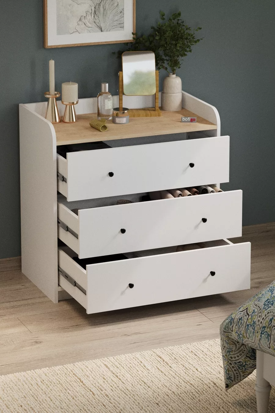Commode à 3 tiroirs, commode à 6 compartiments, armoire de chambre à coucher, Begüm Safir Chêne Blanc