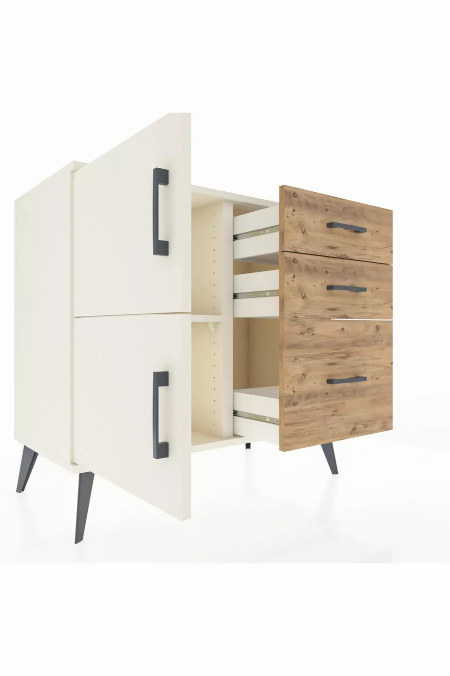 Commode Hyperion à une étagère, 3 tiroirs et 2 portes, Pierre de lune / Pin