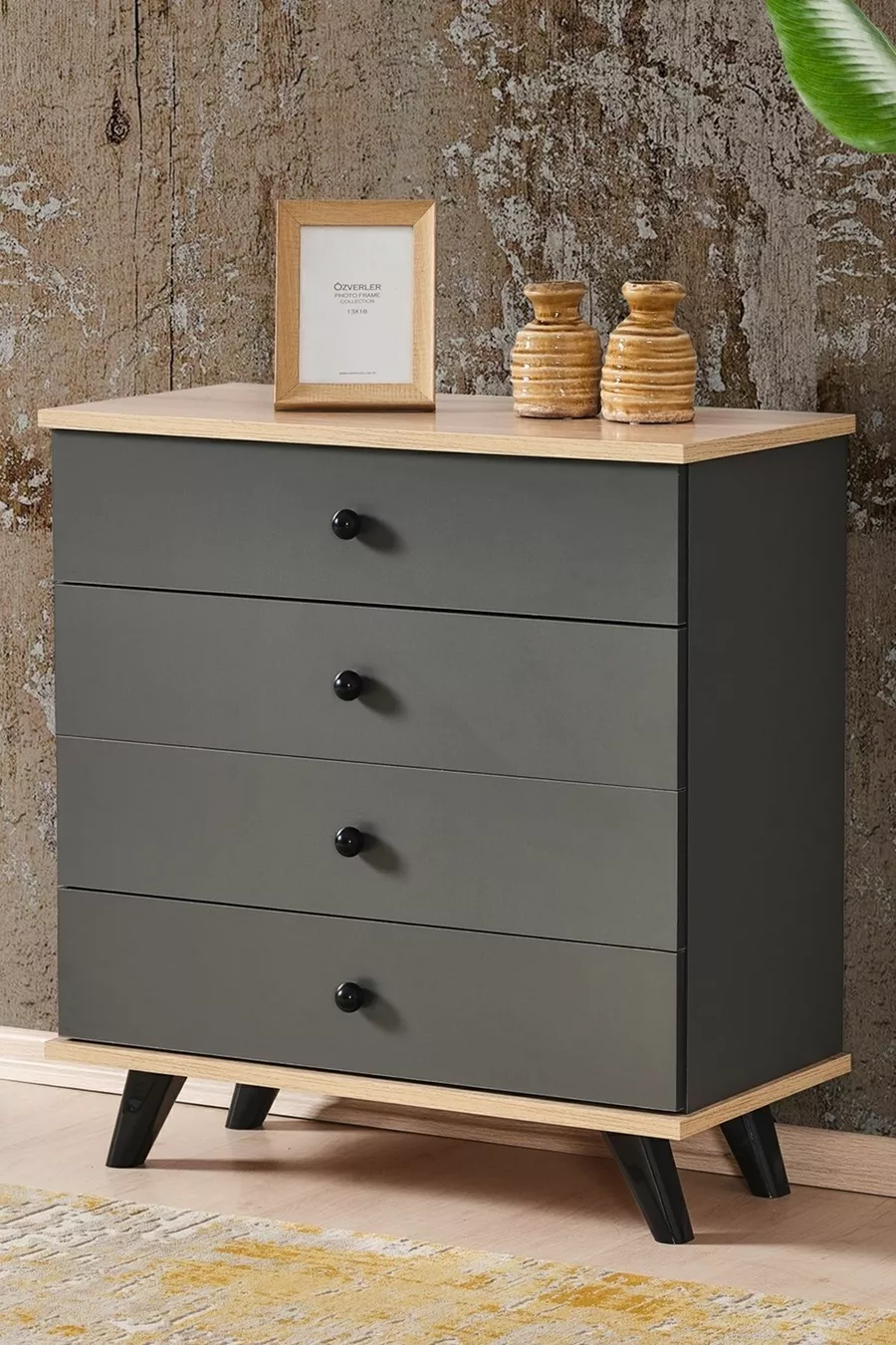 Commode Artemis Anthracite 4 tiroirs, Chevet, Sur pieds