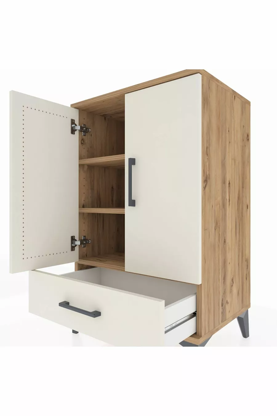 Commode Hyperion à 3 étagères, 1 tiroir et 2 portes, pin-gris