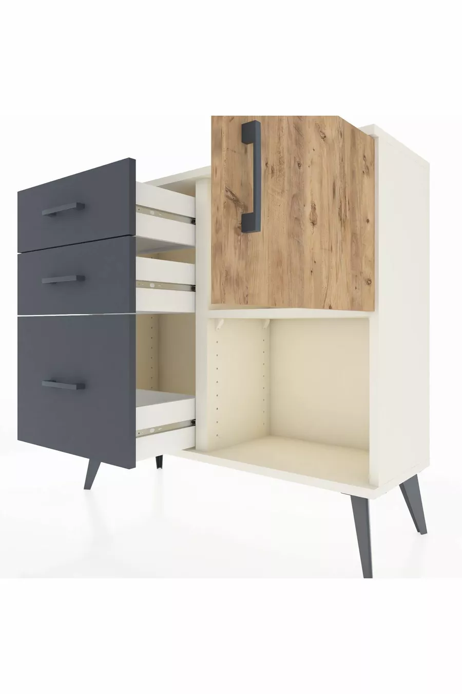 Commode Arges à une étagère, 3 tiroirs et une porte, Pierre de Lune-Pin/Anthracite