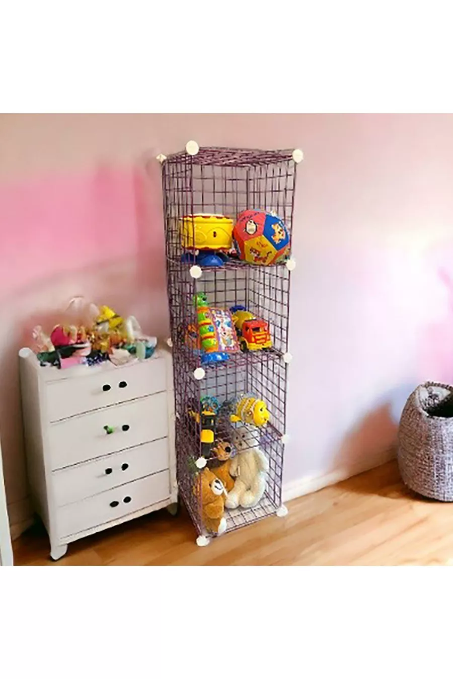 Étagère organiseur multi-usages à 4 compartiments en fil métallique, rose, pour cuisine, jouets, cellier, stockage