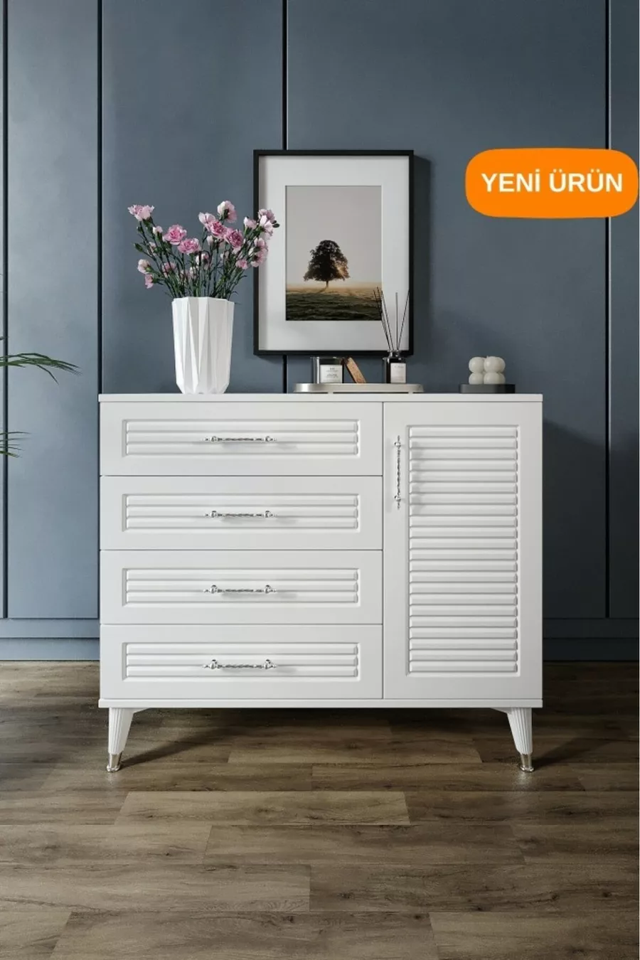 Commode moderne à 4 tiroirs avec volets et 1 porte, design moderne, porte en MDF, blanc argenté