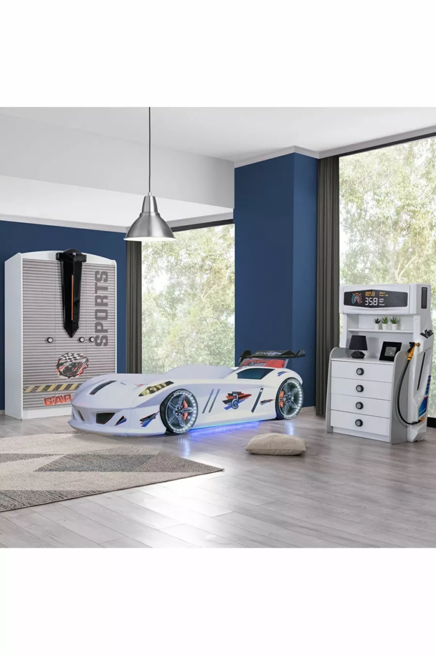 Chambre d'enfant - Lit à voiture avec pare-vent Jaguar, Armoire 3 portes Sports, Commode - Blanc