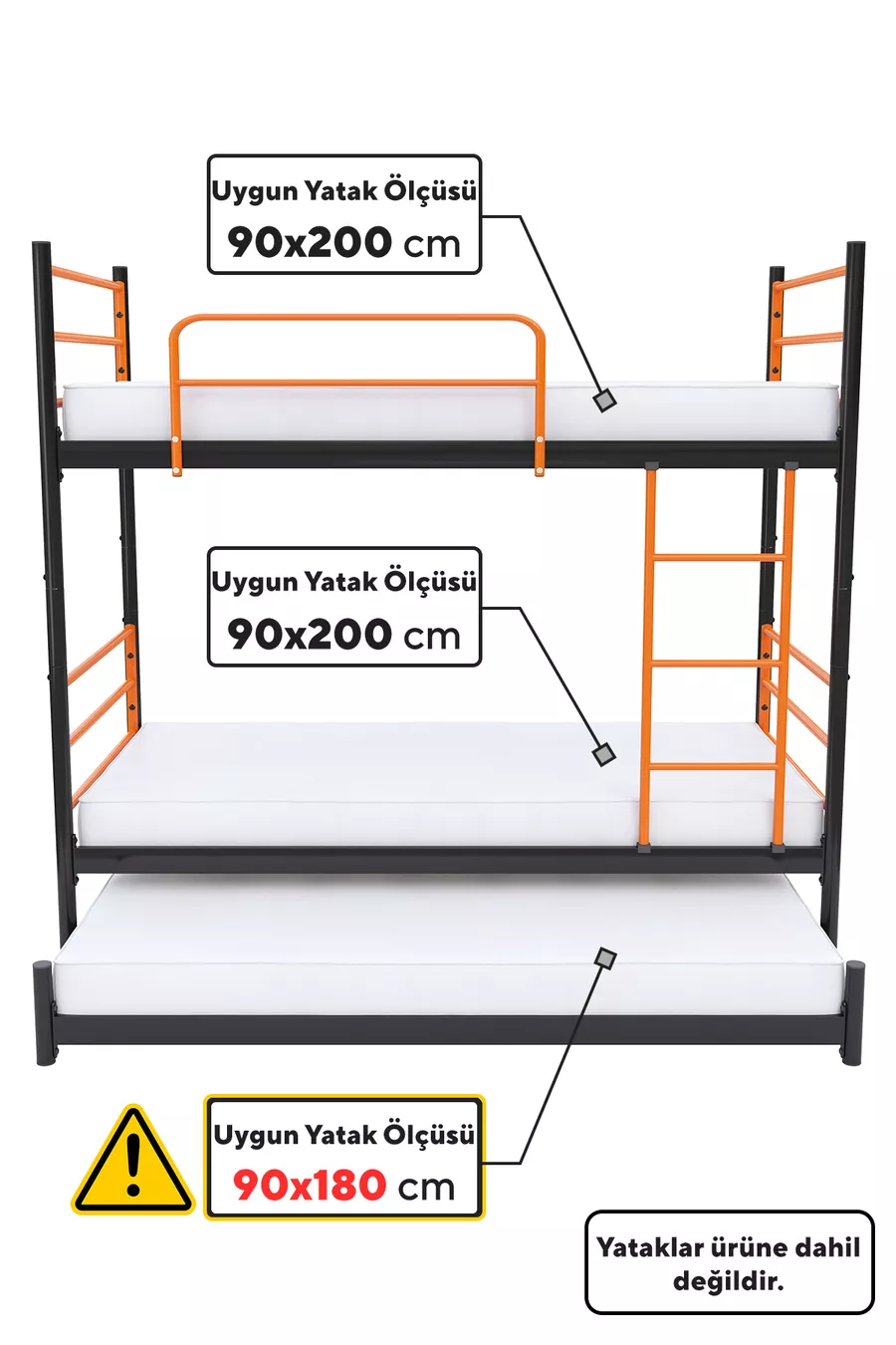 Lit superposé Trend Yavrulu Compatible avec lit 3 places Lit superposé en métal orange