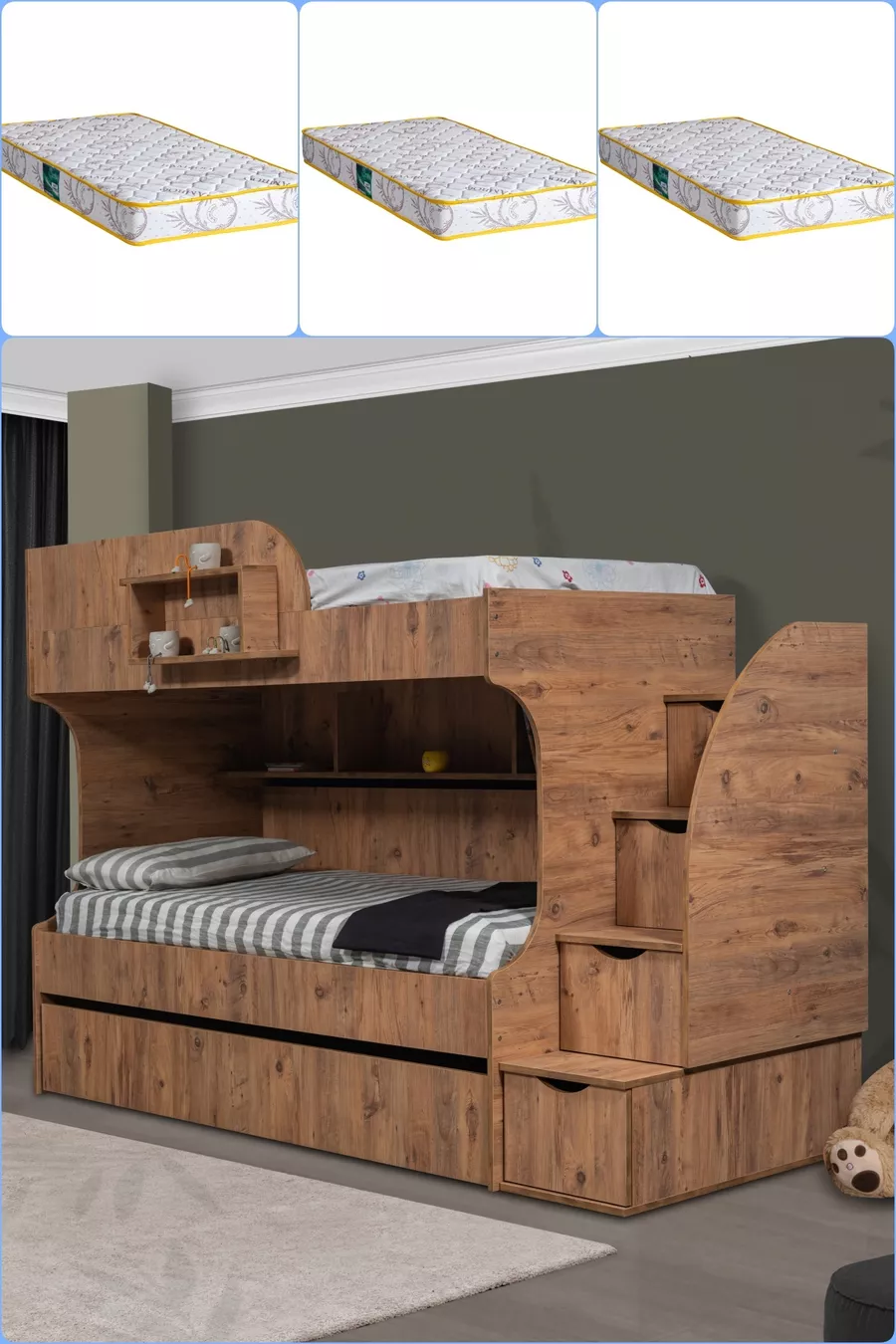 Lits superposés, Lit superposé Aura avec tiroirs - 3 matelas confort