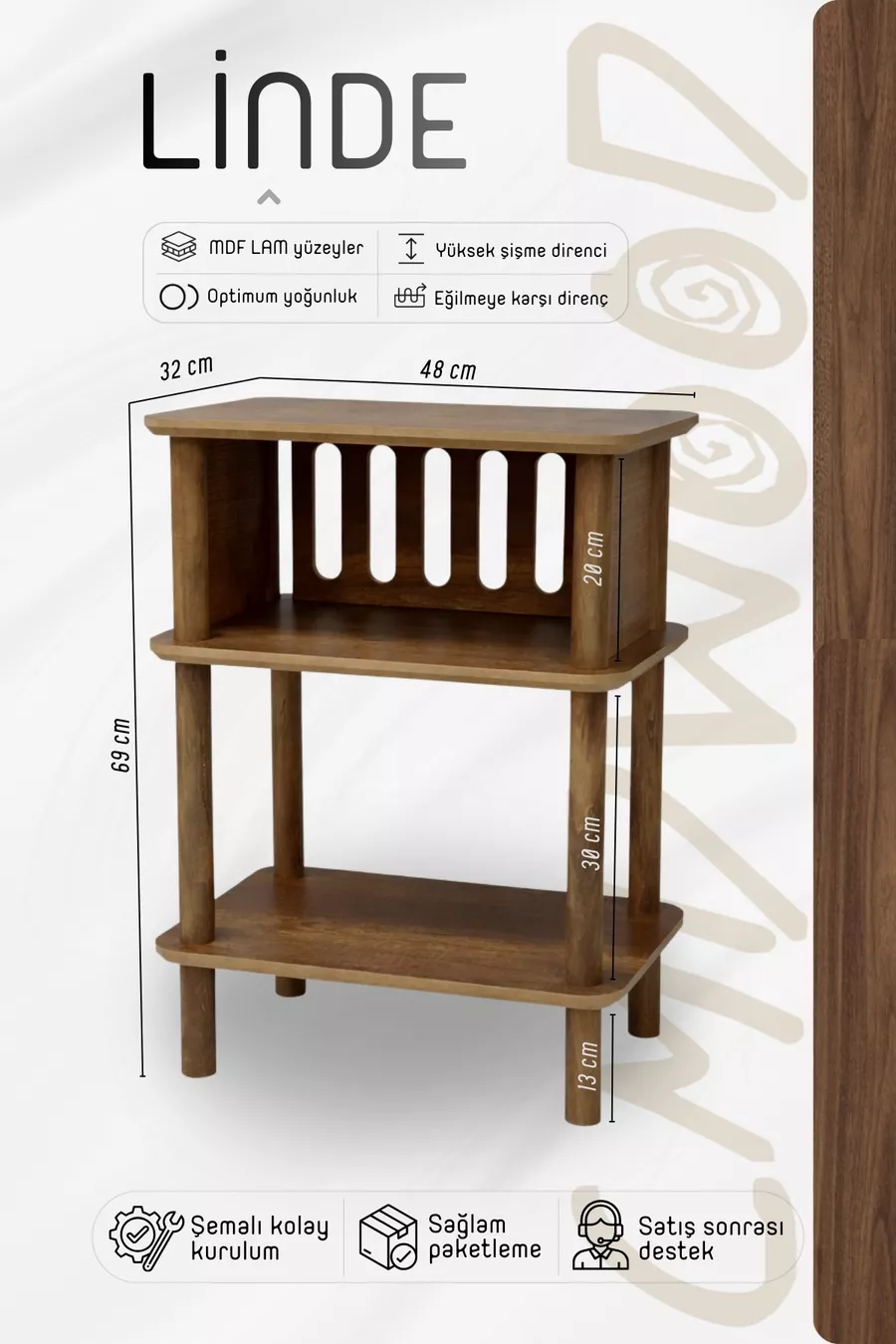 Chevet en noyer Linde Minimaliste en MDF avec pieds en bois ; Chambre à coucher - Salon - Bureau