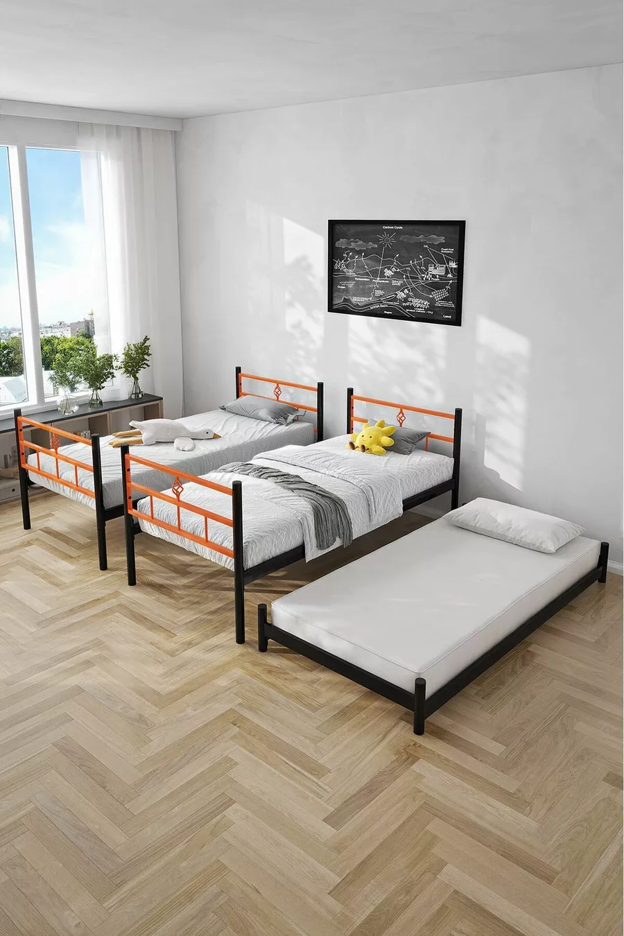 Lit superposé Koza avec tiroirs, compatible avec trois personnes, métal orange