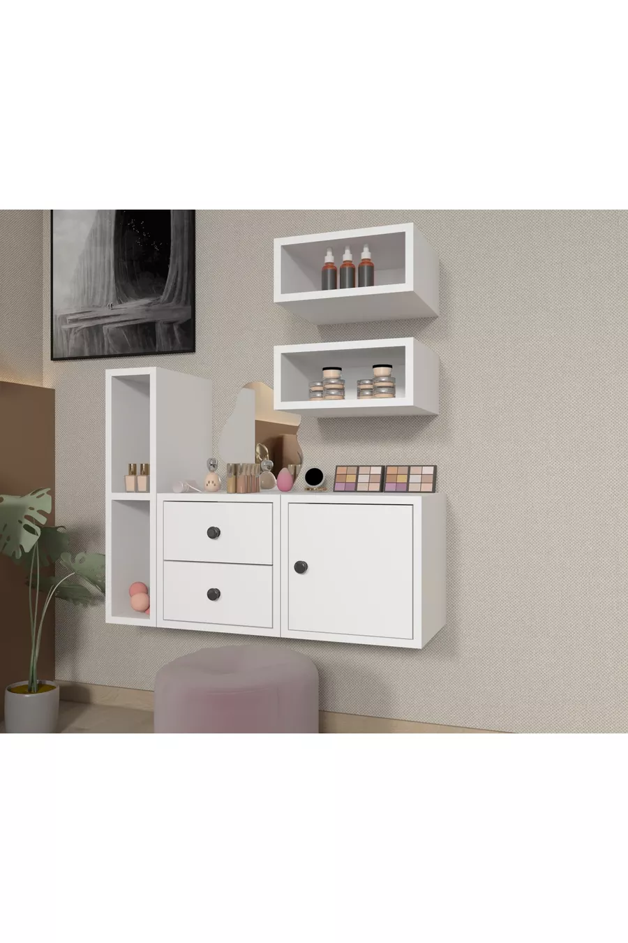 Ensemble modulable tête de lit-tiroir pour chambre à coucher – Blanc – 