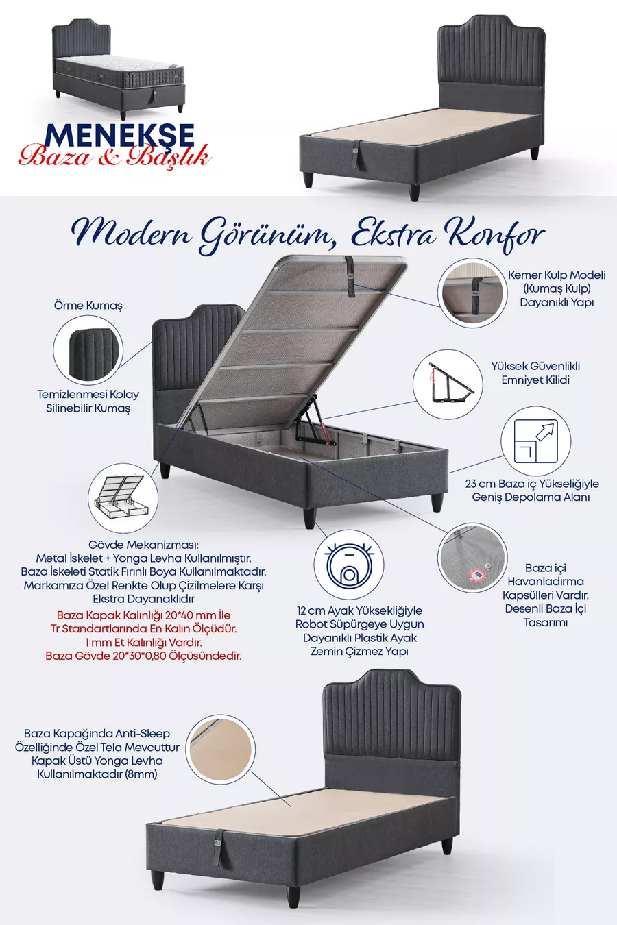 Lit antibactérien entièrement orthopédique modèle Menekşe pour une personne, ensemble 3 pièces comprenant matelas, sommier et tête de lit