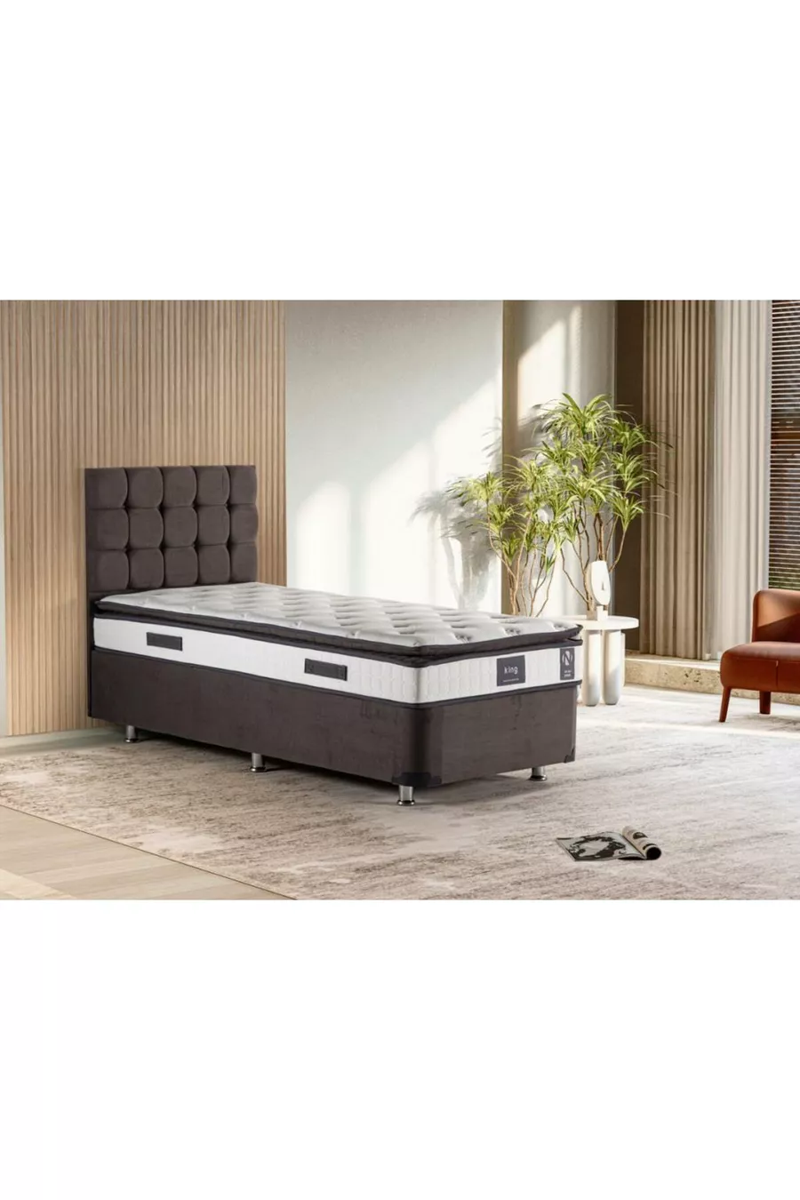 Ensemble de lit Niron King Lit simple avec sommier et tête de lit Fumé