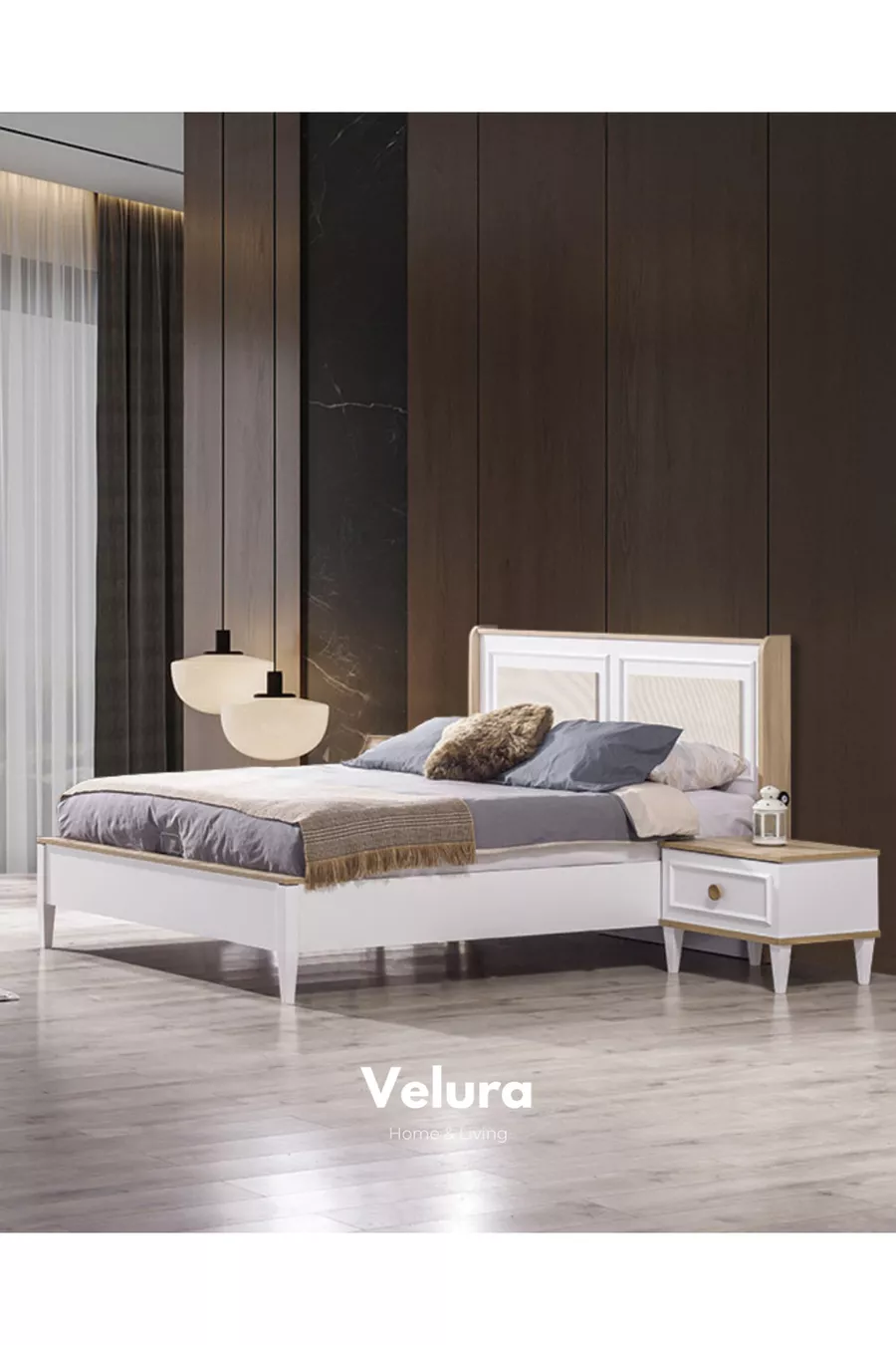 Ensemble de chambre à coucher en bois (Armoire + Commode + Table de chevet + Lit)
