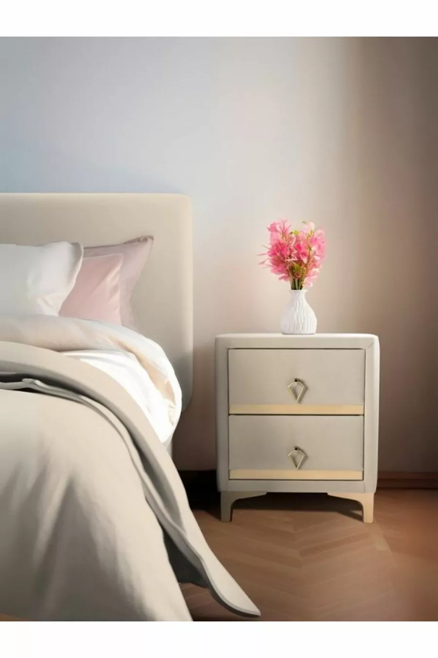 Table de chevet Doppia Linea Gold, à deux tiroirs