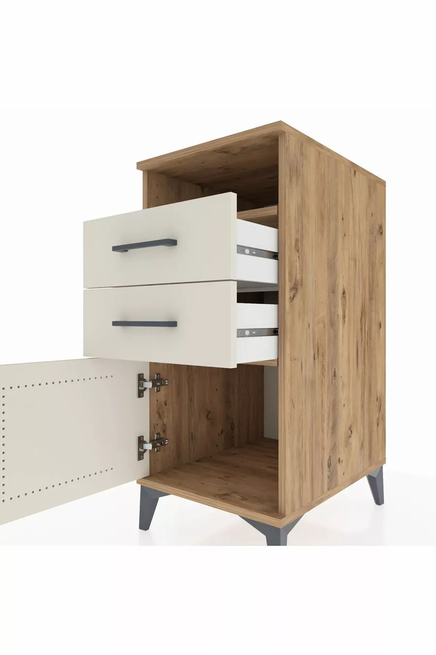 Table de chevet Kronos avec une étagère, 2 tiroirs et une porte, pin-gris