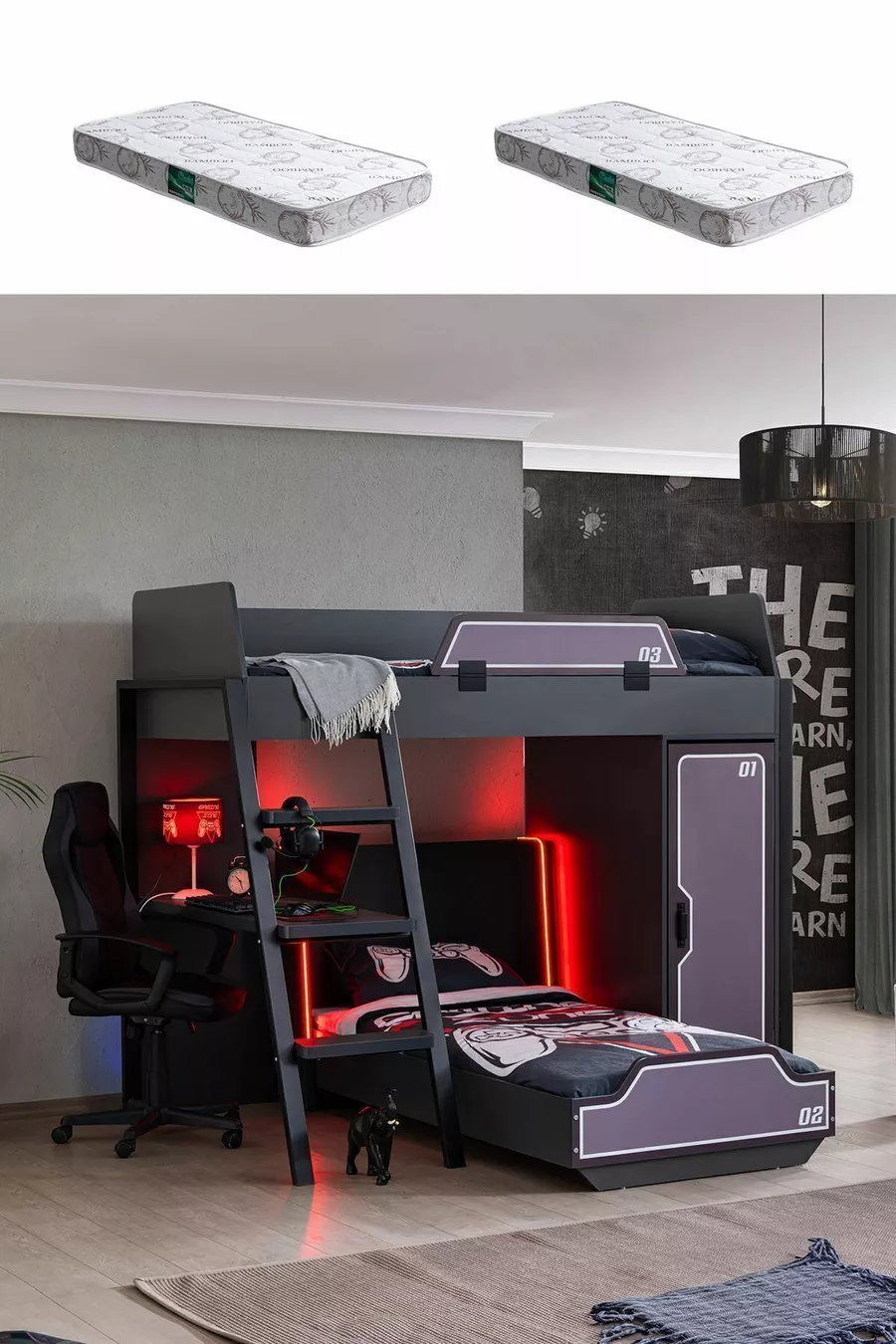 Chambre de joueur avec lits superposés, lit superposé Gamer avec LED, bureau, armoire et 2 matelas confort