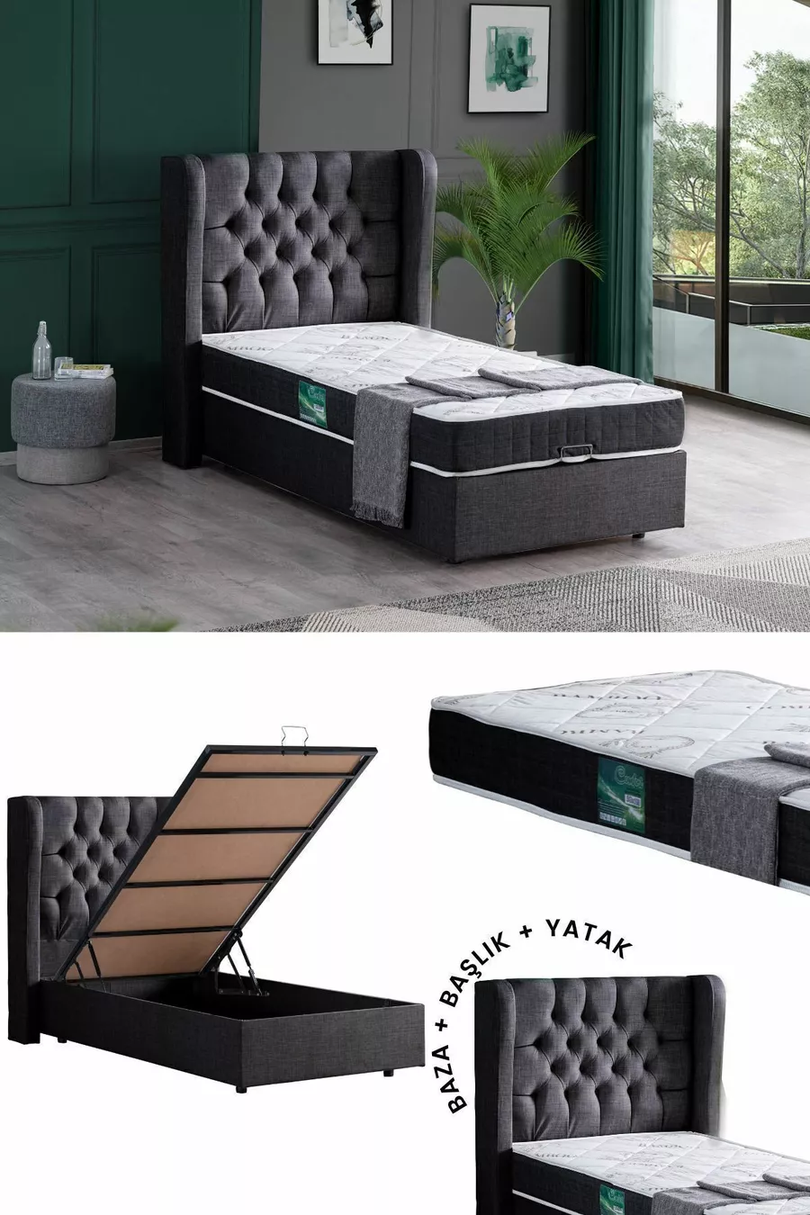 Ensemble de lit confort Riga avec sommier simple et tête de lit, anthracite