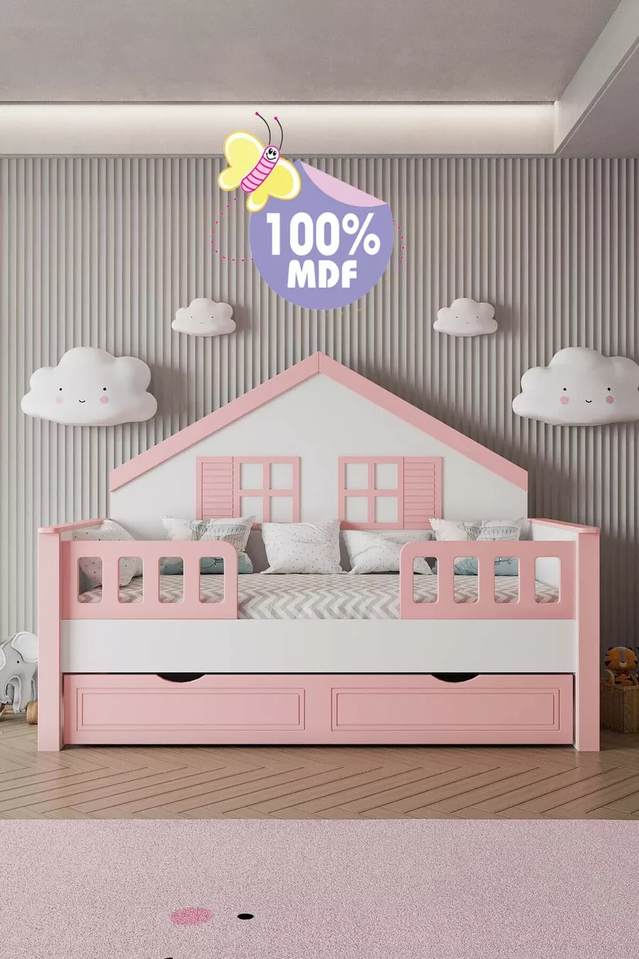% Lit Montessori pour enfants en MDF avec tiroirs, rose