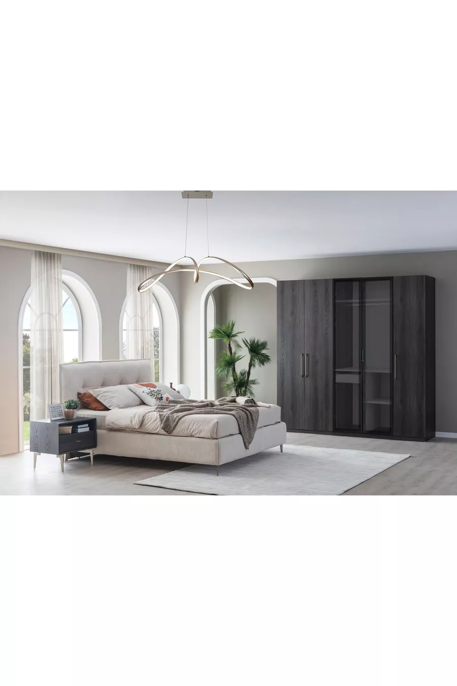 ENSEMBLE DE CHAMBRE PANDOR NOX, NOYER FONCÉ, 5 PORTES