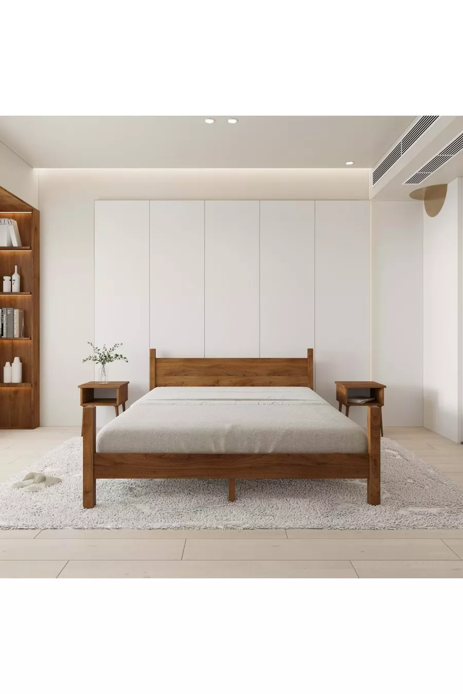 Ensemble Lit en Bois de Pin Couleur Noyer Modèle Mirage et Deux Tables de Chevet
