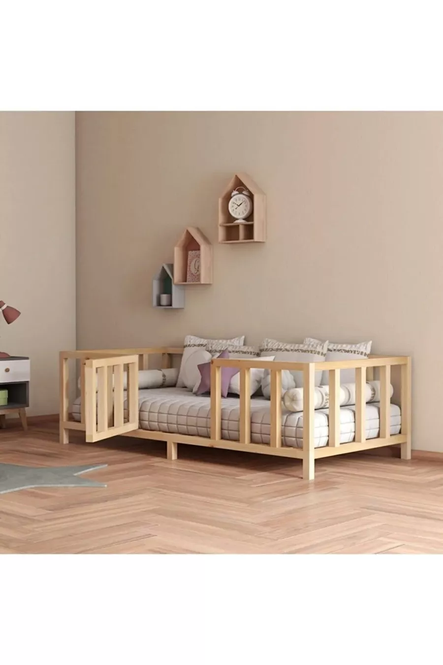 Lit Montessori Unisexe pour Bébé et Enfant avec Portes en Bois Naturel