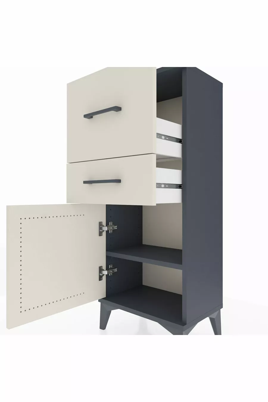 Table de chevet Arges avec une étagère, 2 tiroirs et une porte, Anthracite-Pierre de Lune